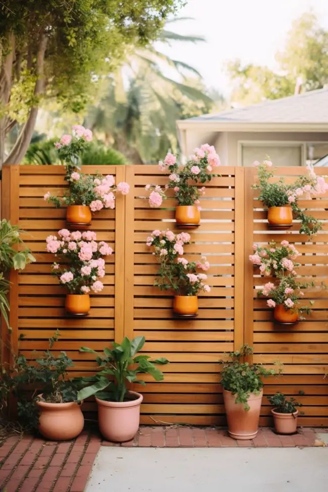 Stylish Wooden Slat Fence with Planters