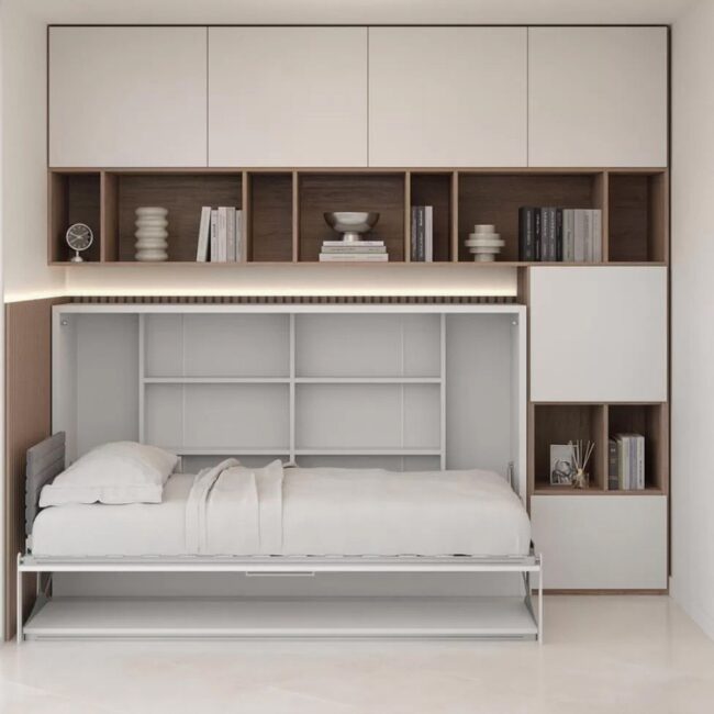 Compact Wall Bed with Contemporary Shelving