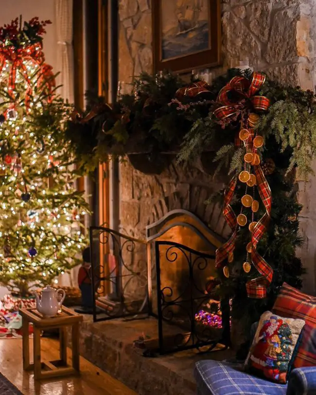 Cozy Mantel with Plaid & Pine Accents