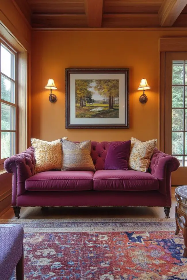 Burgundy Sofa with Golden Walls Charm