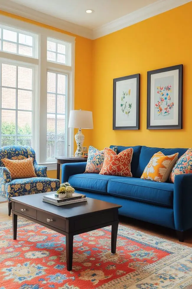 Sunny Yellow Wall with Bold Blue Sofa