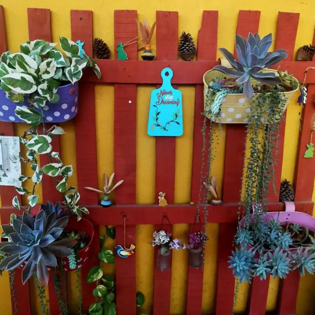 Lush Vertical Garden on Rustic Fence