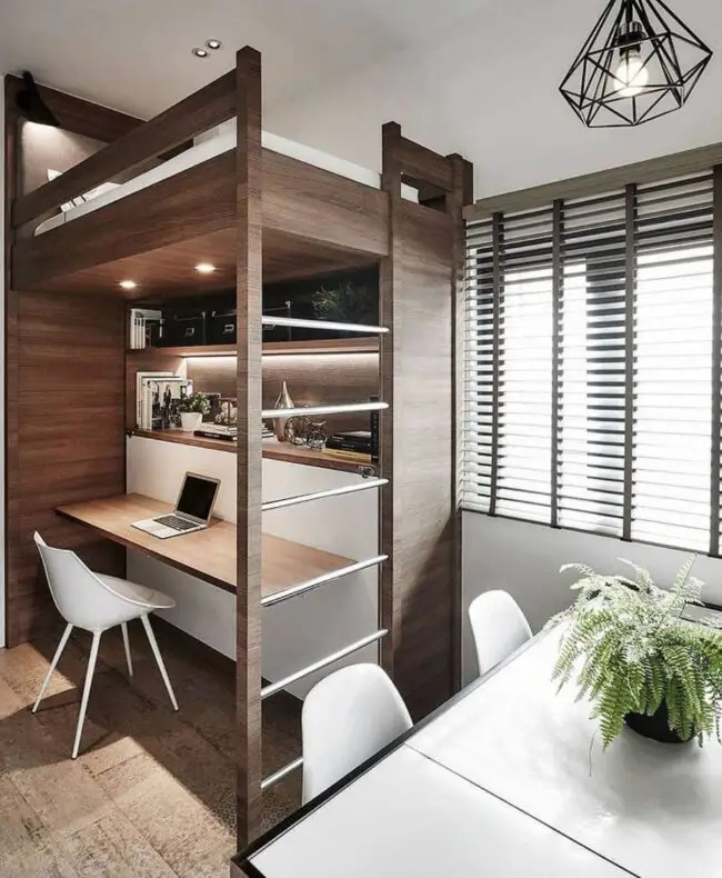 Modern Loft Bed with Desk and Shelving Unit