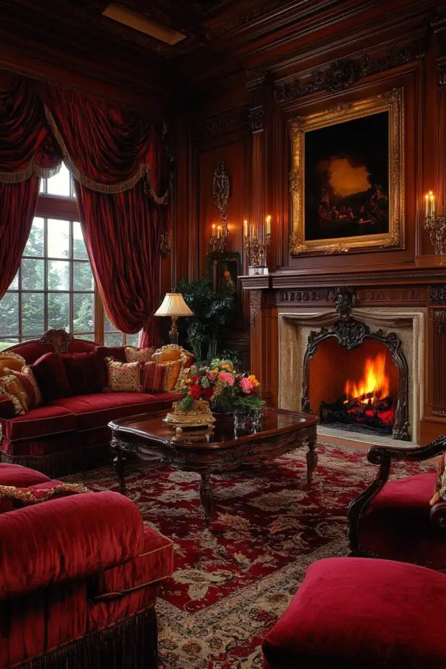 Opulent Red Retreat with Wood Paneling