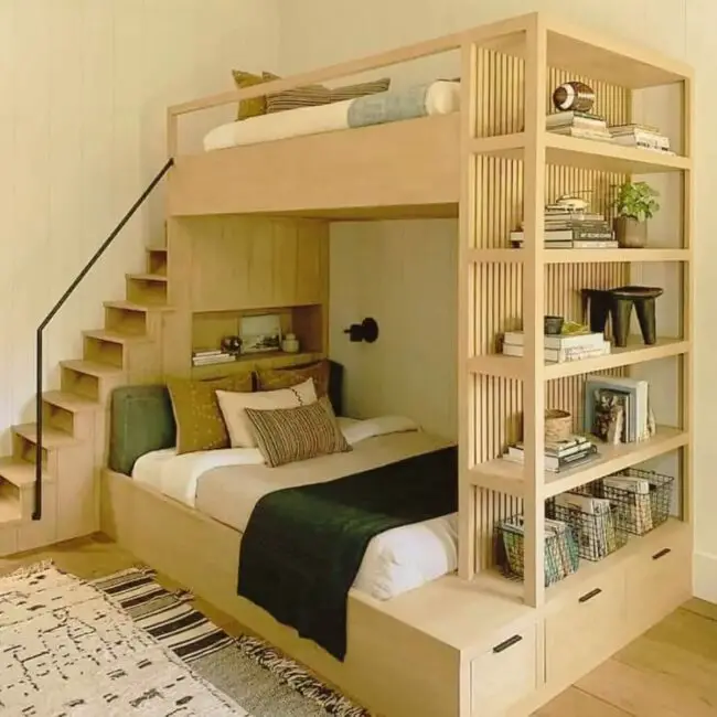 Functional Wooden Bunk Bed with Storage