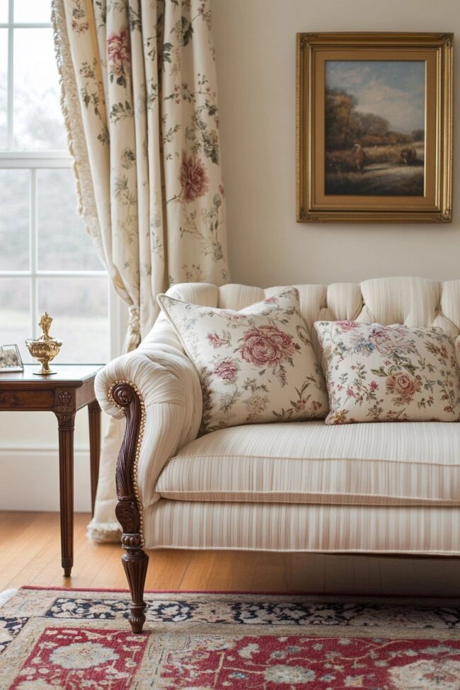 Vintage Floral Cushions and Wooden Accents