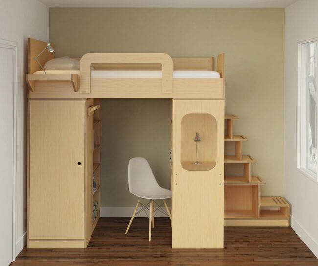 Wooden Loft Bed with Built-In Closet