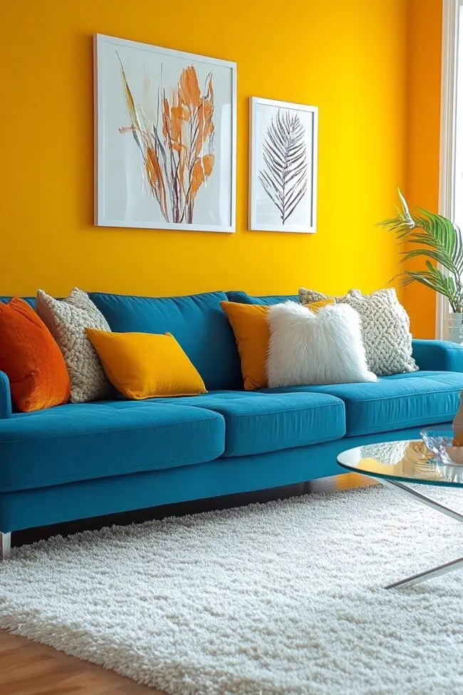 Golden Yellow Walls with Turquoise Sofa