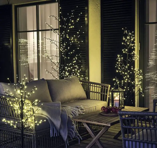 Outdoor Lounge with Soft Holiday Lighting