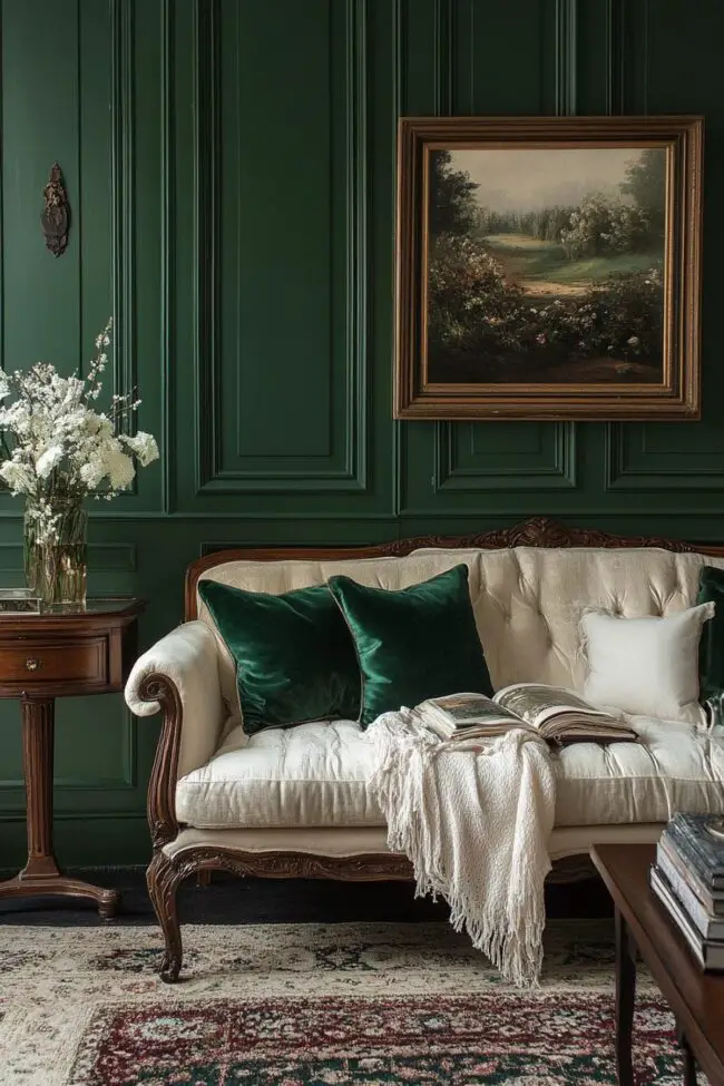 Emerald Walls with Cream Velvet Sofa