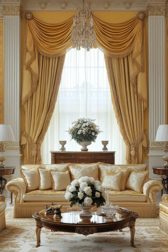 Lavish Gold Living Room with Chandelier