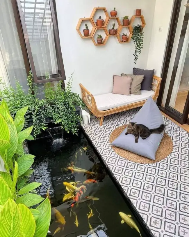 Intimate Indoor Koi Pond with Built-In Seating