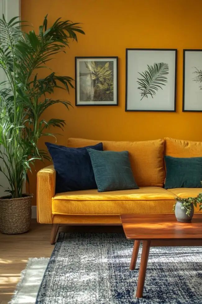 Lively Orange Walls and Plush Mustard Sofa