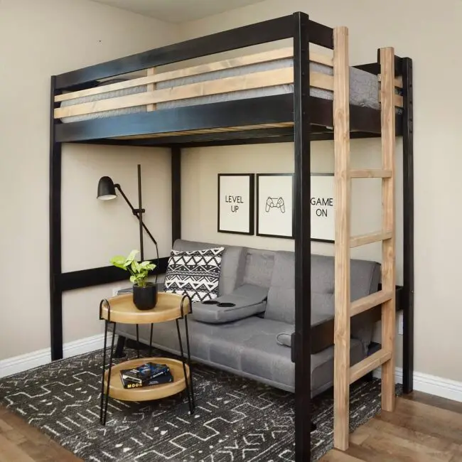 Black Loft Bed with Built-In Seating Area