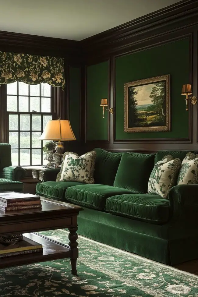 Lush Green Velvet Sofa with Floral Accents