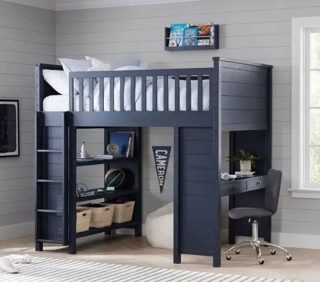 Navy Blue Loft Bed with Built-In Desk Space