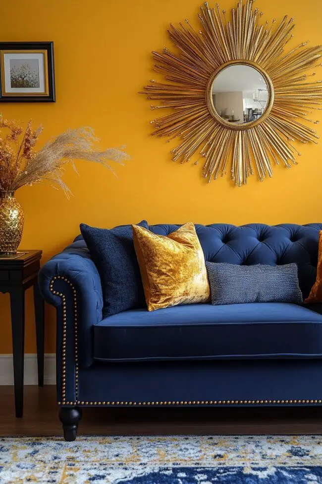 Radiant Yellow Wall with Deep Blue Sofa