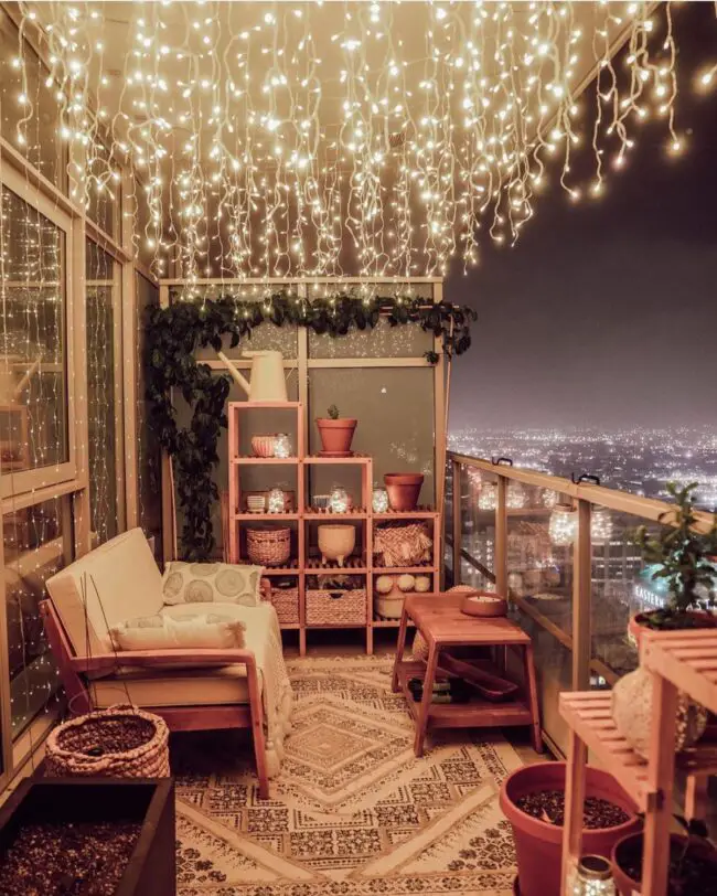 A Cozy Balcony with Twinkling Lights