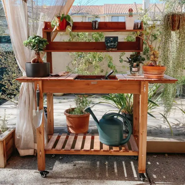 Versatile Wooden Potting Bench On Wheels