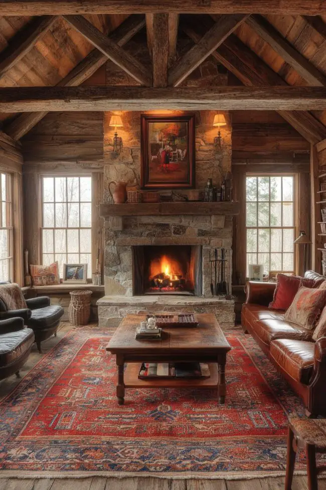 Rustic Wooden Beams and Leather Comfort