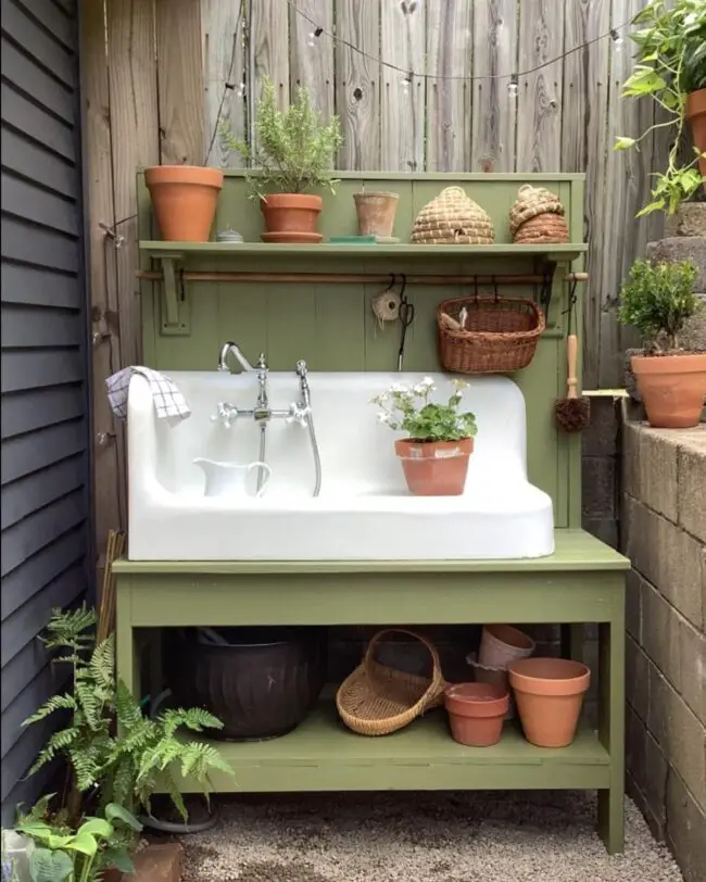 Rustic Green Potting Bench With Natural Appeal