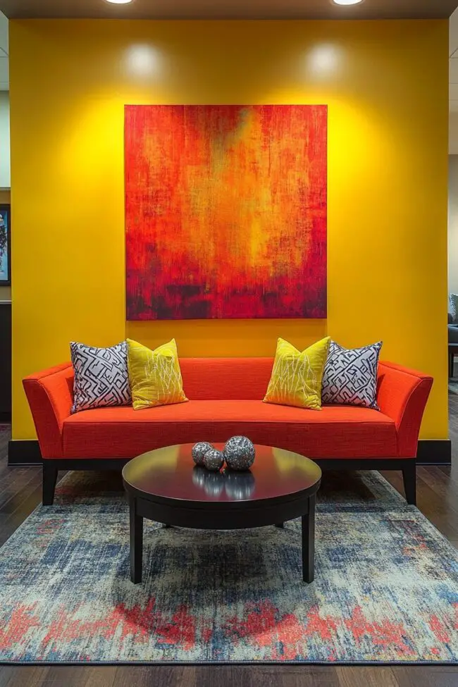 Vivid Yellow Walls with Red Couch