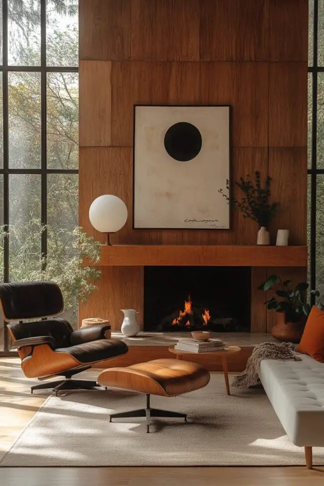 Warm Wood Paneling Meets Iconic Furniture