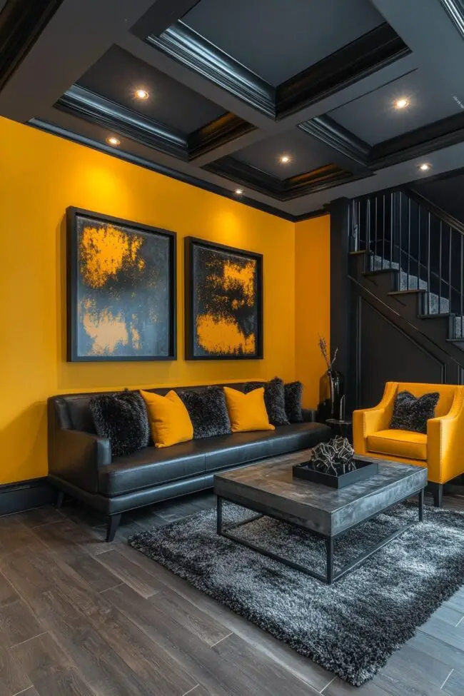 Dramatic Black Ceiling with Bold Yellow Walls