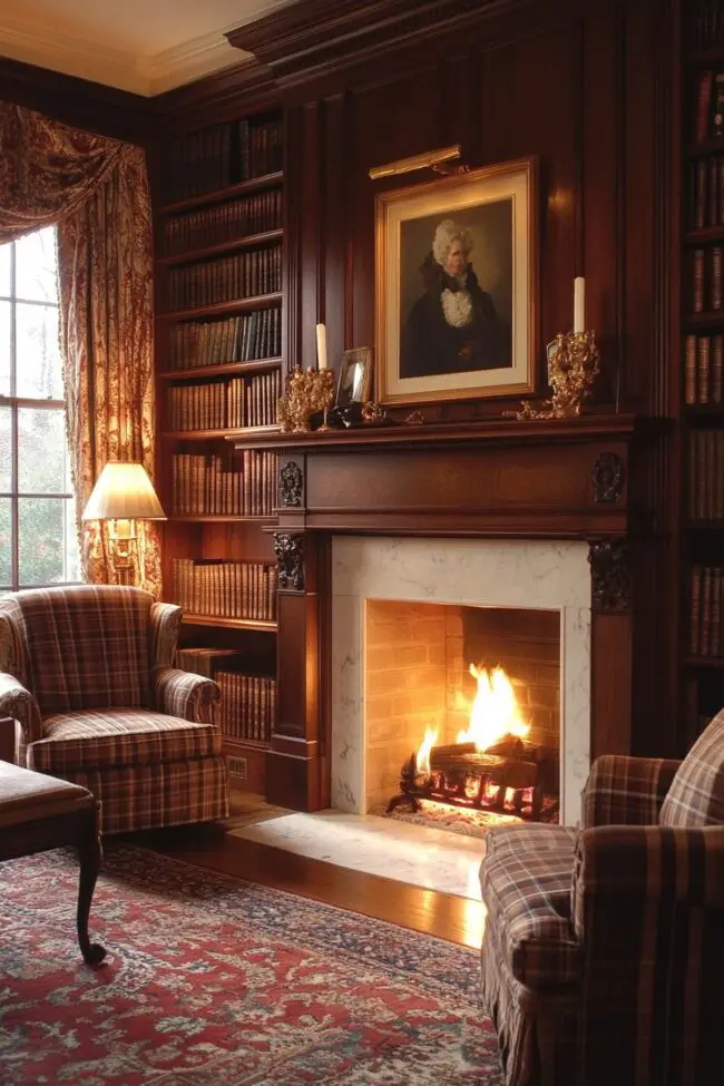 Cozy Library Nook with Dark Wood