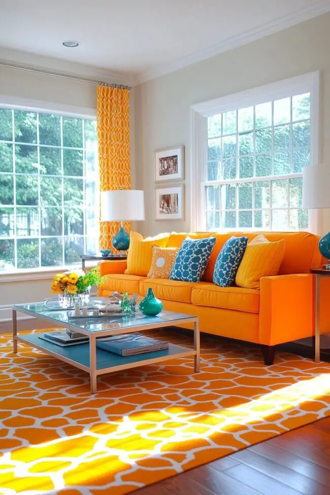 Vibrant Orange and Turquoise Living Room