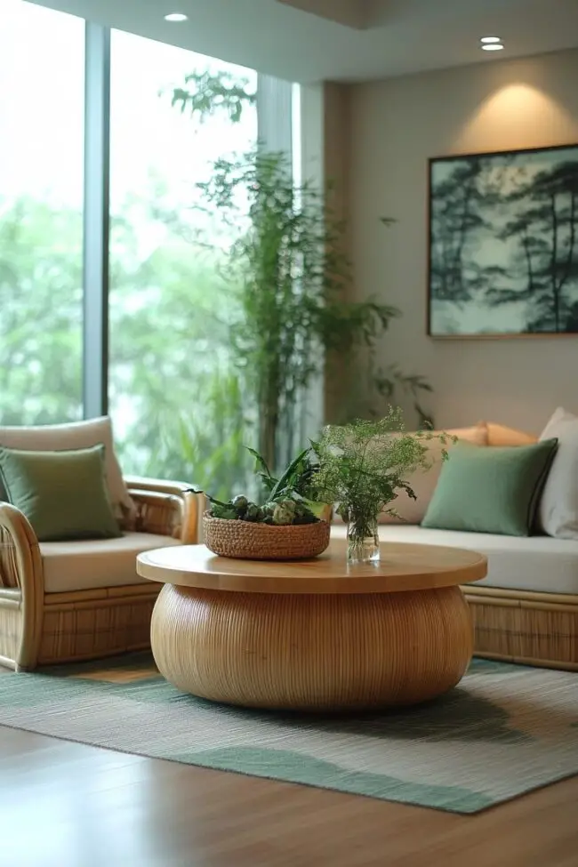 Inviting Round Wooden Table and Greenery