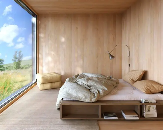 Minimalist Wooden Bed with Scenic Views