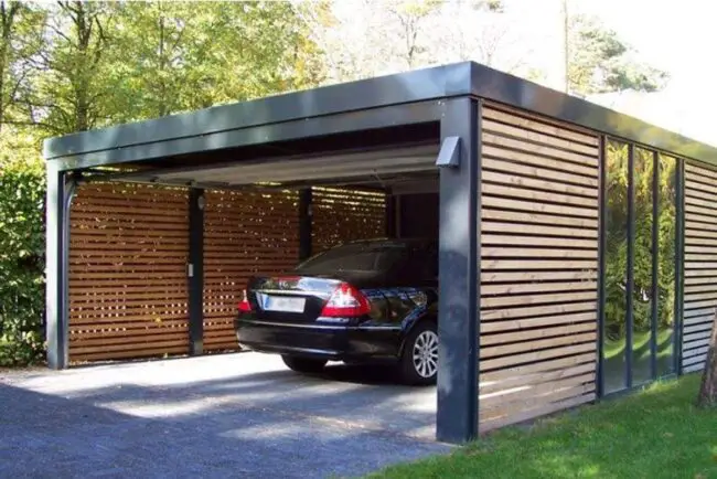 Chic Wood And Metal Carport With Privacy Panels