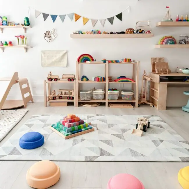 Charming Montessori Playroom Featuring Natural Wood