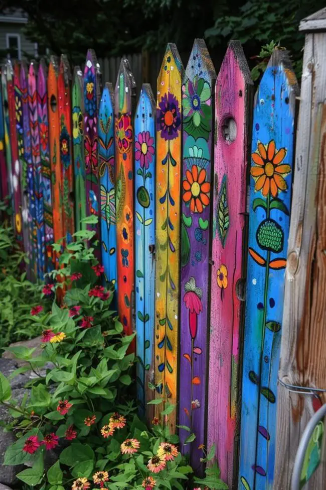 Colorful Picket Fence Adorned with Flowers