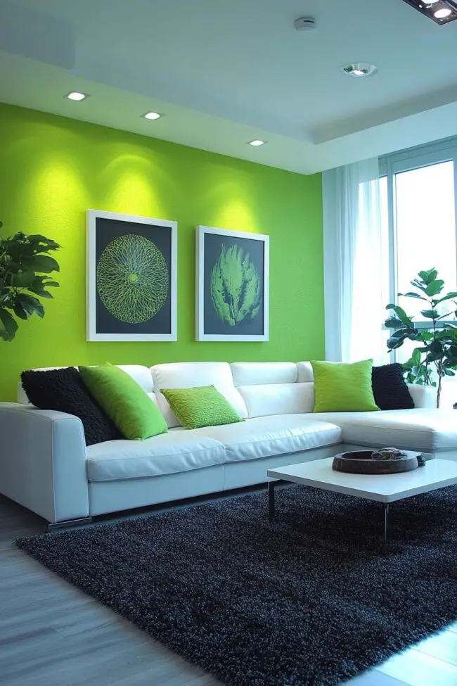 Lively Green Walls with Crisp White Sofa