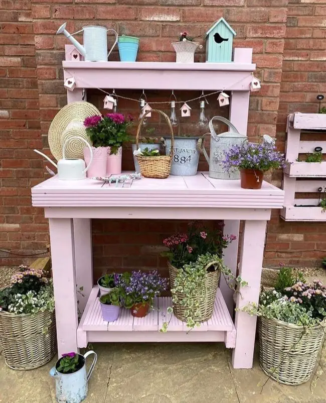 Delicate Pink Potting Bench With Refined Charm