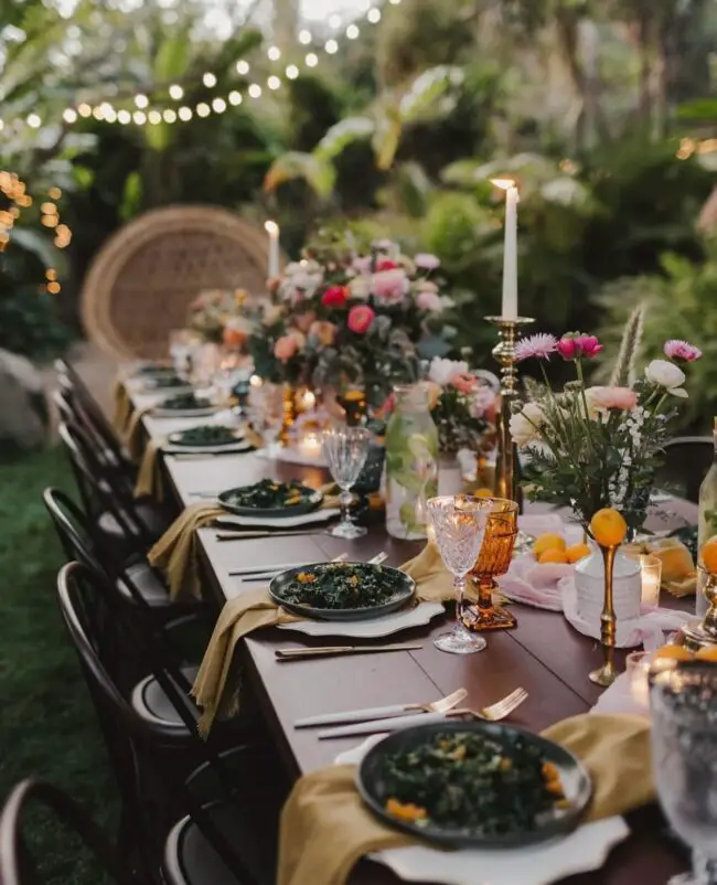 Enchanting Garden Feast Under Twinkling Lights