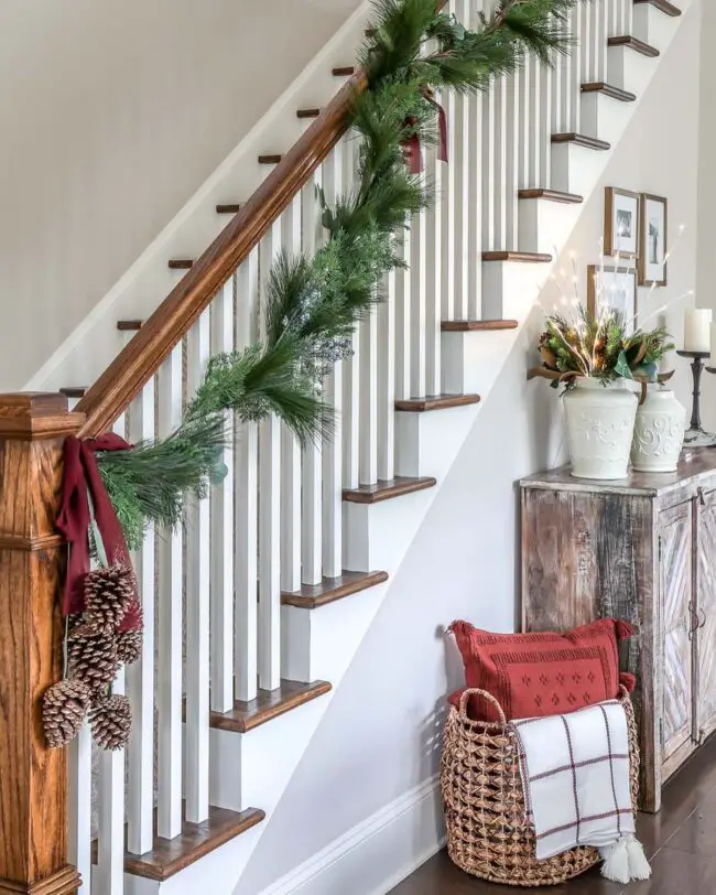 Pinecones & Burgundy Ribbons for a Rustic Holiday