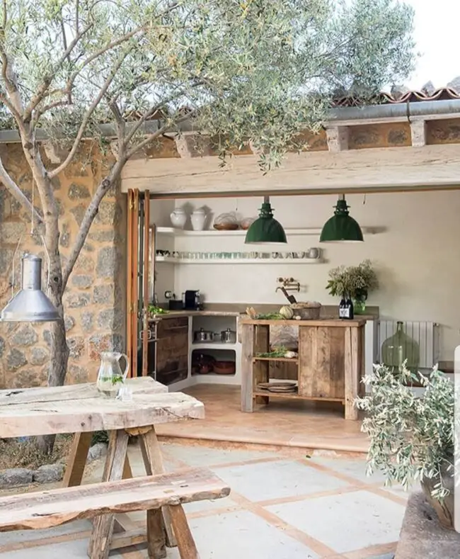 Open-Air Rustic Kitchen Bathed in Natural Light