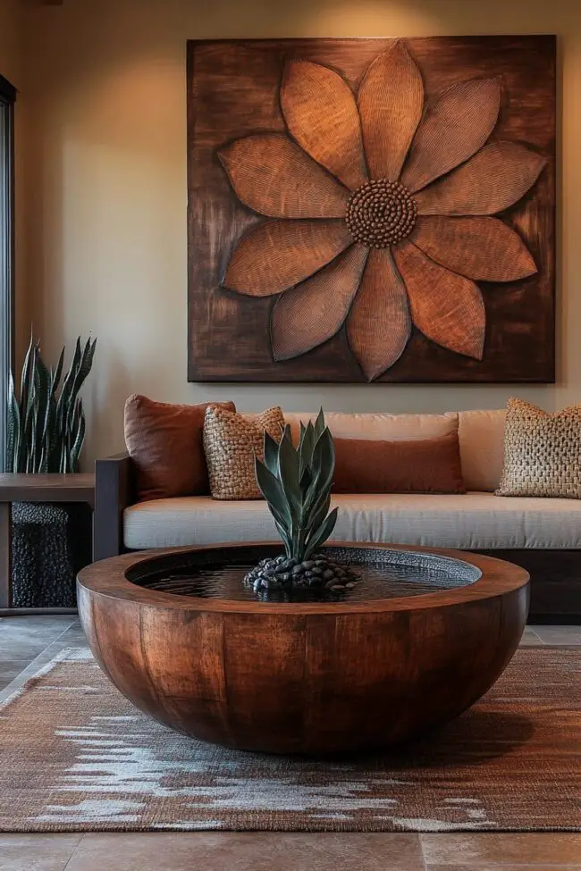 Wooden Round Coffee Table with Greenery