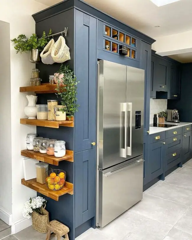 Striking Navy Cabinets Enhanced with Wood