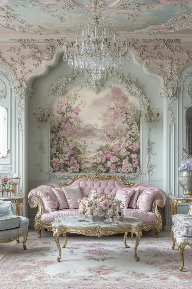 Pastel Pink Sofa with Gold Accents