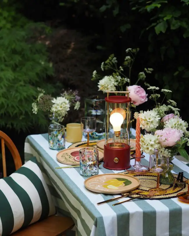 Charming Striped Garden Ambiance with Lights