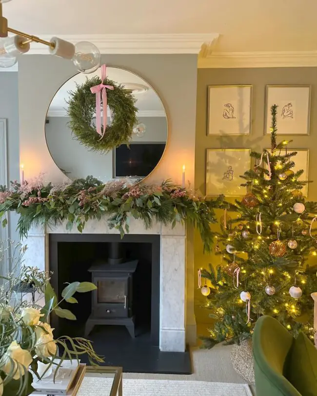 A Fireplace with Soft Pastel & Greenery