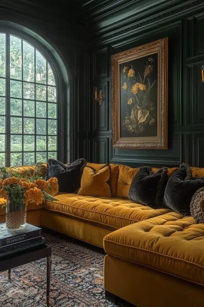 Mustard Sofa Meets Deep Green Walls