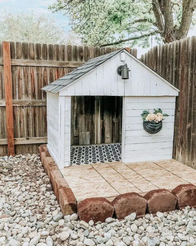 Charming White Dog House with Planter